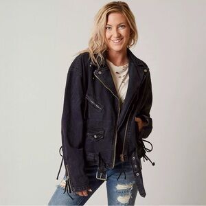 Free People Black Denim Moto Zip Jacket